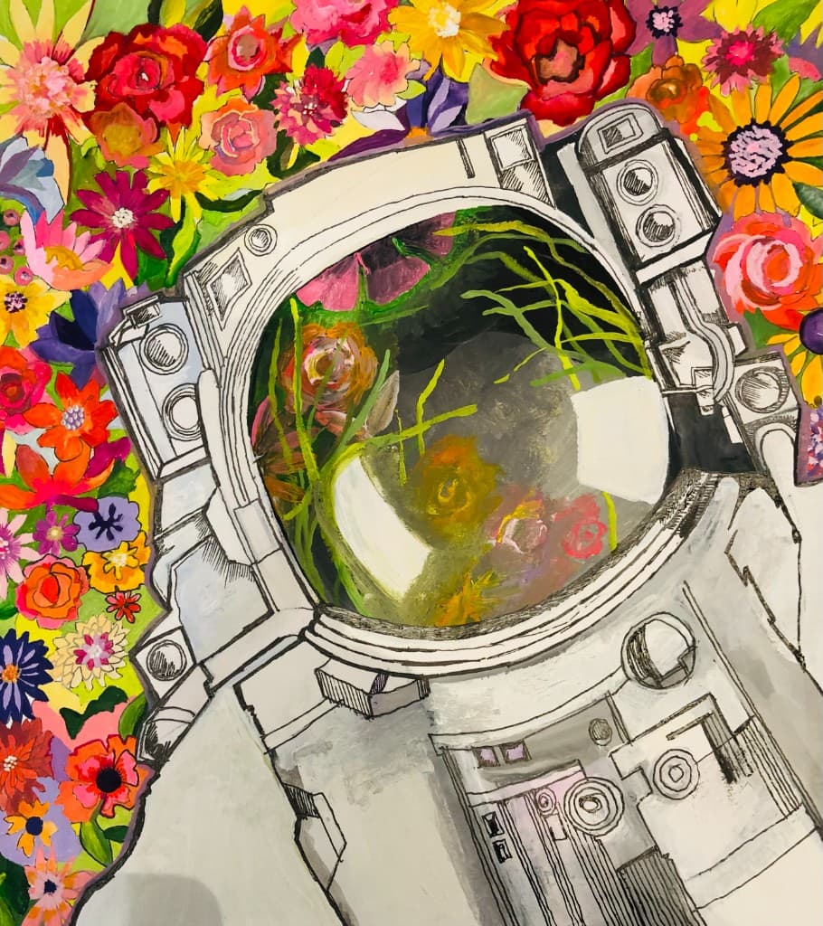 Painting of an astronaut whose visor reflects a garden of flowers, by Nicky Gayle